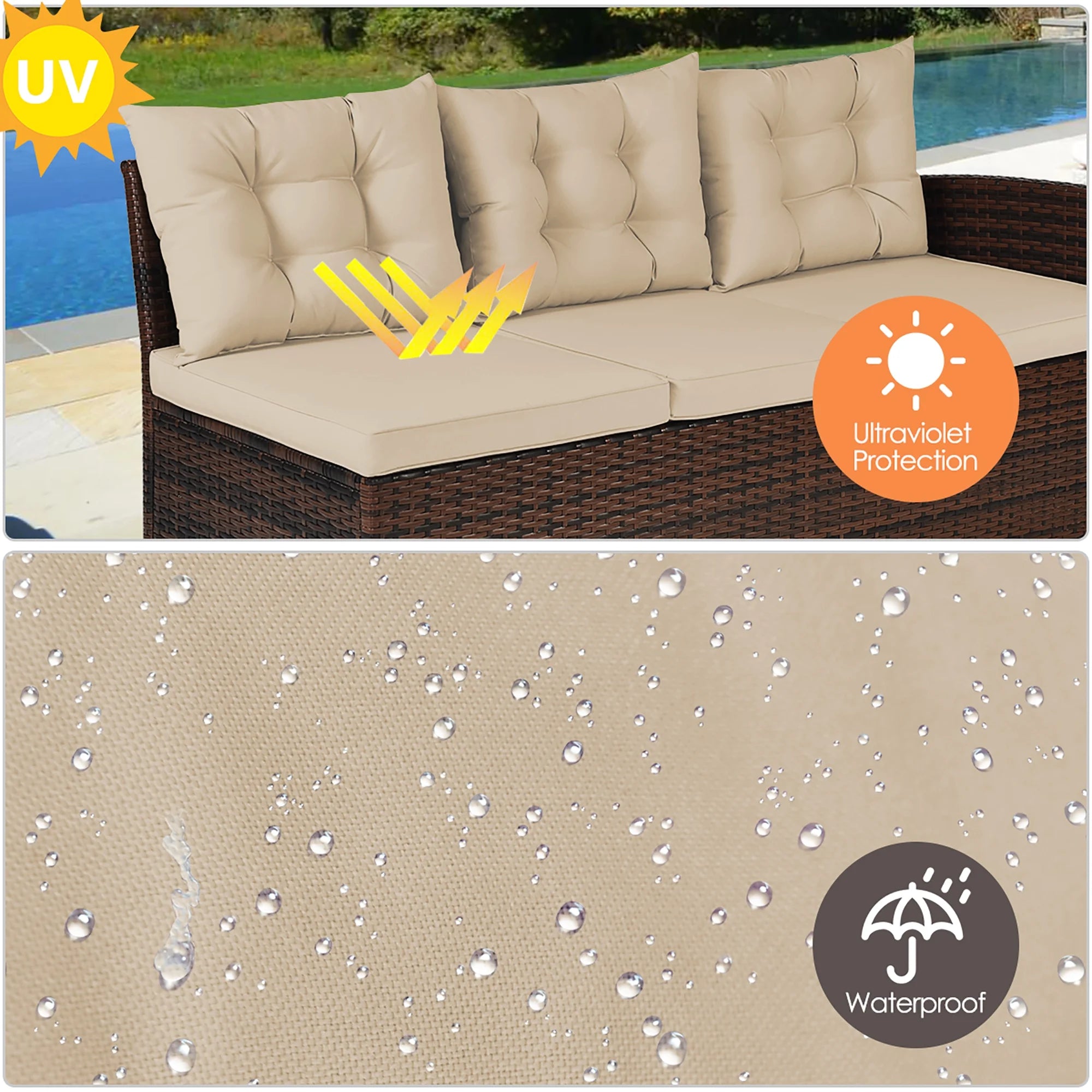 3PCS Rattan Dining Set Patio Furniture 6 Seats Sofa Cushioned