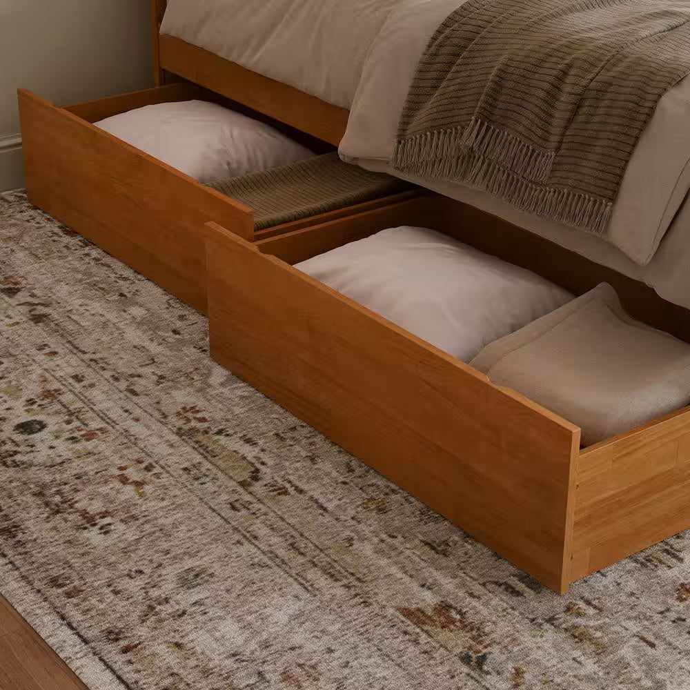 Madison Light Toffee Natural Bronze Solid Wood Frame Queen Platform Bed with Matching Footboard and Storage Drawers
