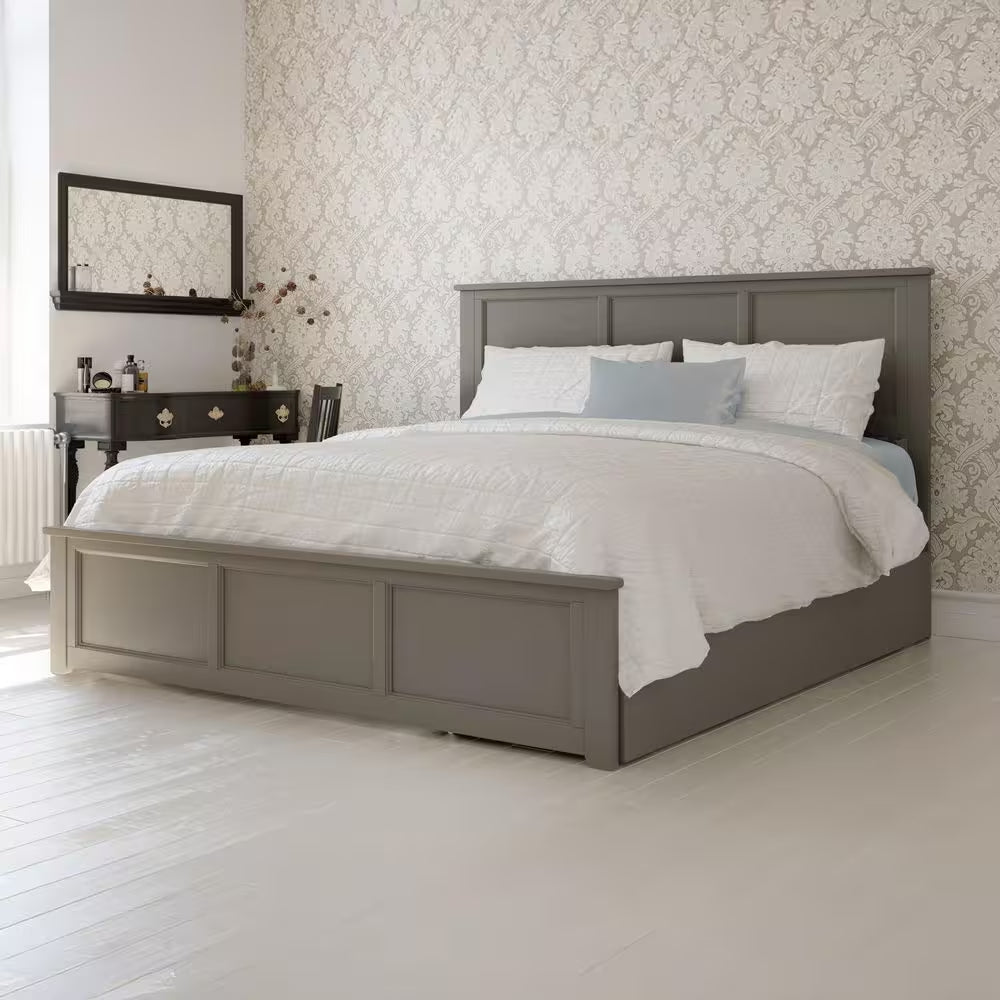 Madison Gray Solid Wood Frame King Size Storage Platform Bed with Matching Footboard with 2 Bed Drawers