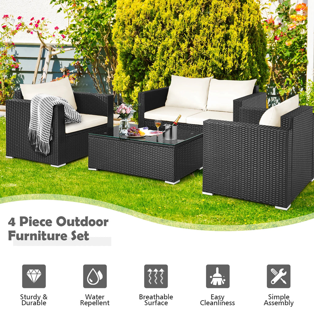 4PCS Patio Rattan Furniture Set Cushioned Sofa Chair Coffee Table off White