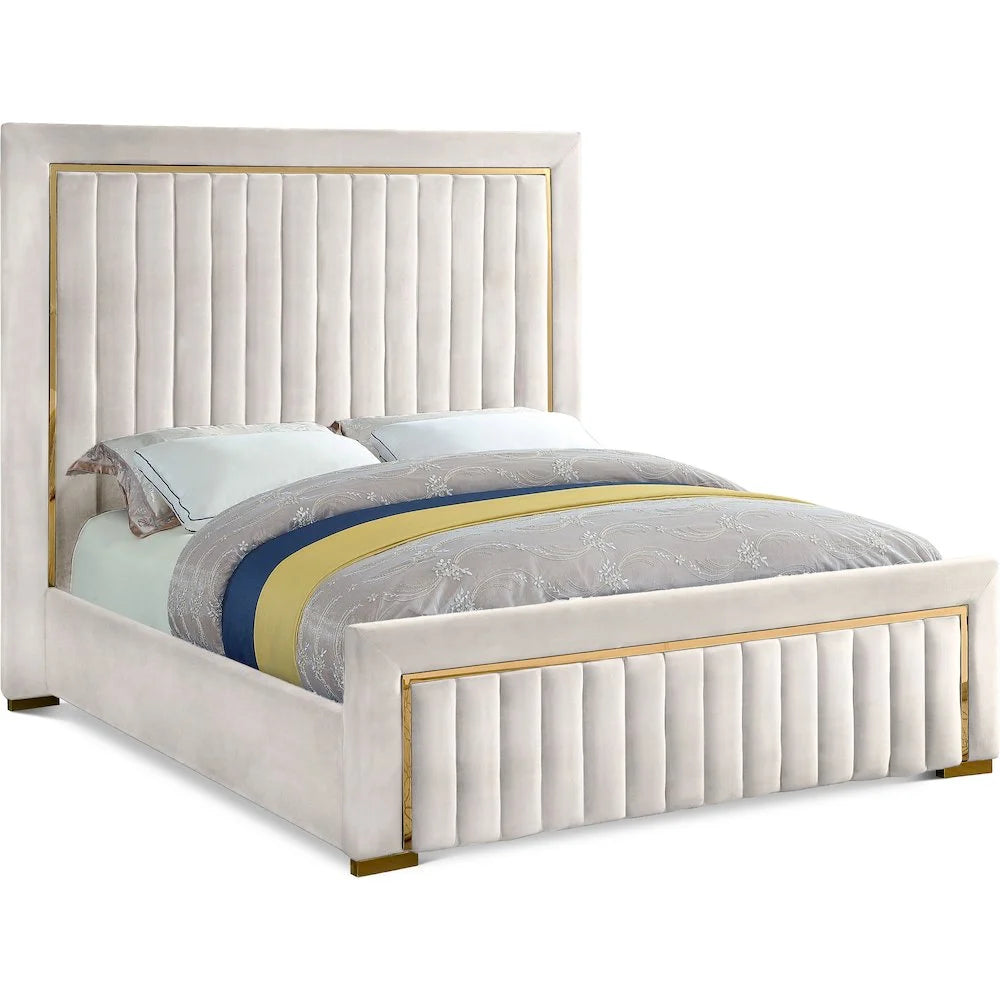 Dolce Solid Wood and Velvet Queen Bed in Cream