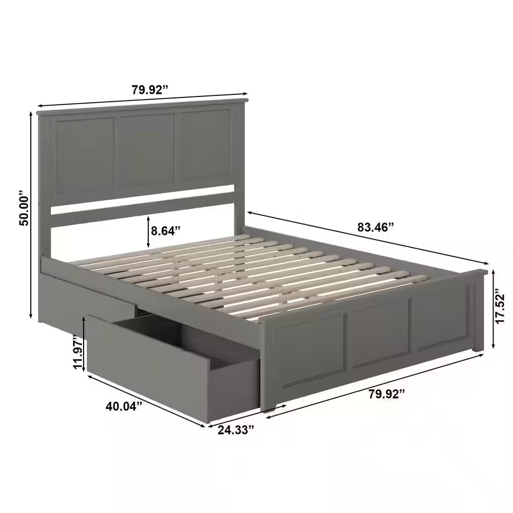 Madison Gray Solid Wood Frame King Size Storage Platform Bed with Matching Footboard with 2 Bed Drawers