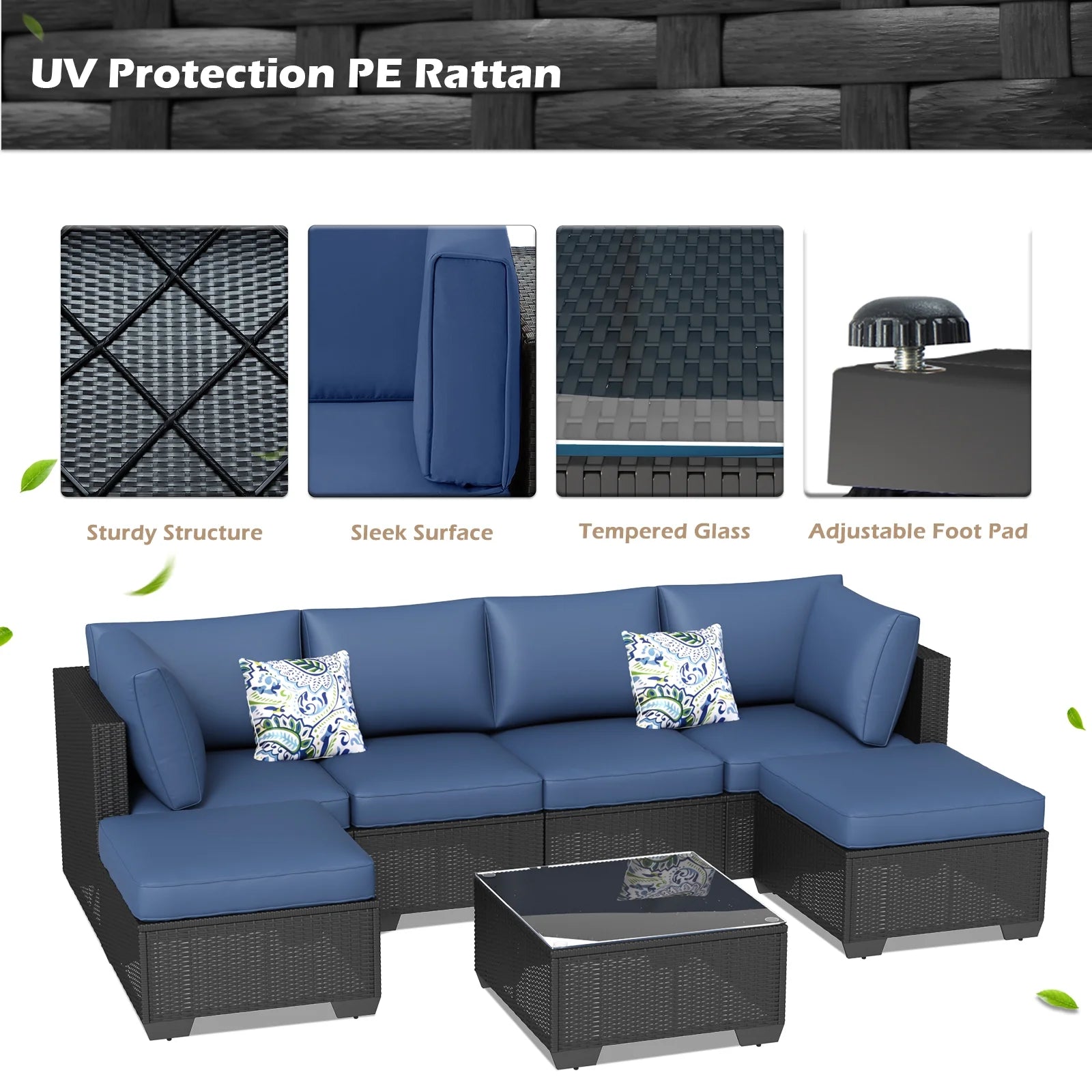 7-Piece Outdoor Sectional Sofa Patio Conversation Set, Black PE Rattan Wicker Furniture, Steel Frame in Peacock Blue Blue