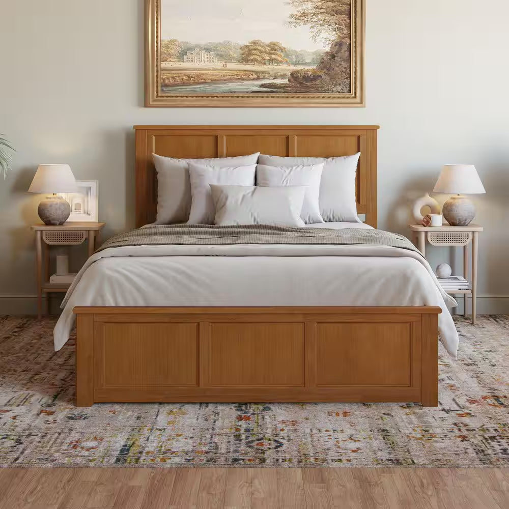 Madison Light Toffee Natural Bronze Solid Wood Frame Queen Platform Bed with Matching Footboard and Storage Drawers