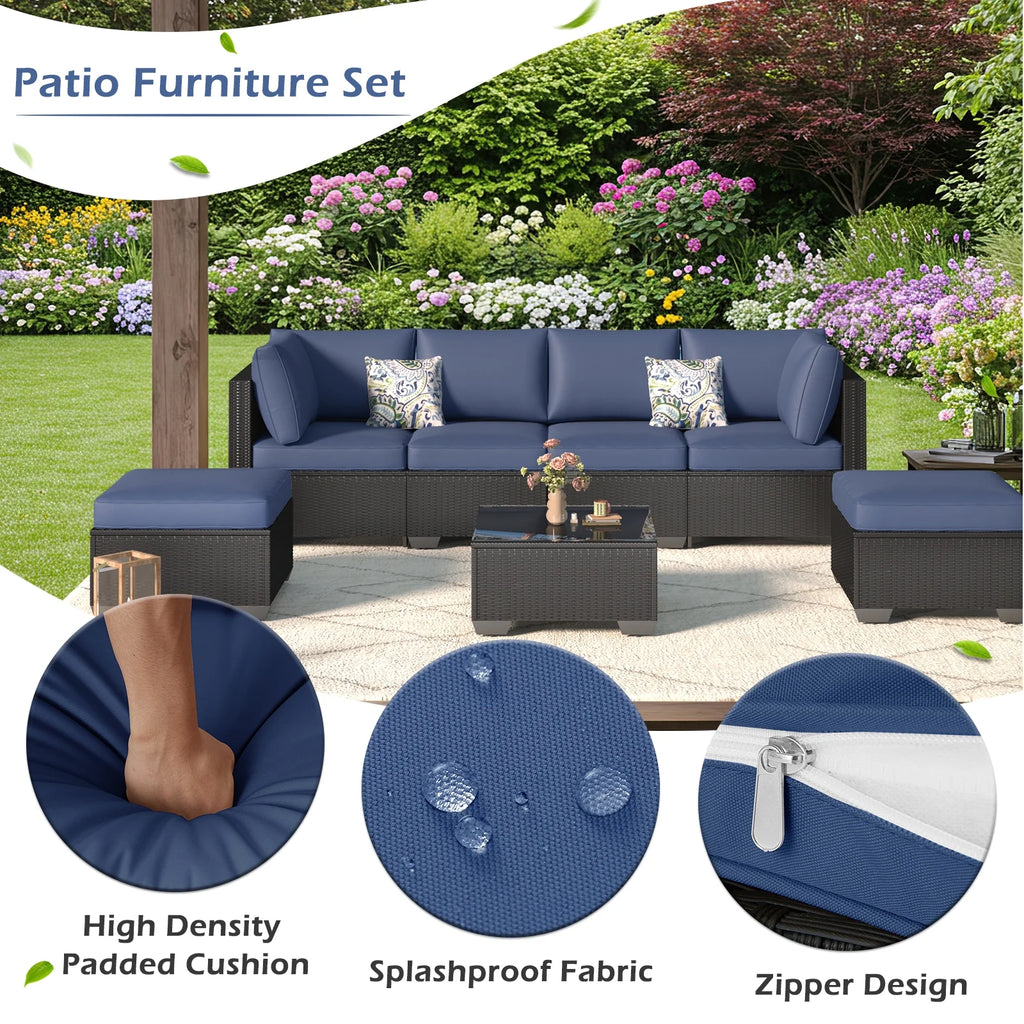 7-Piece Outdoor Sectional Sofa Patio Conversation Set, Black PE Rattan Wicker Furniture, Steel Frame in Peacock Blue Blue
