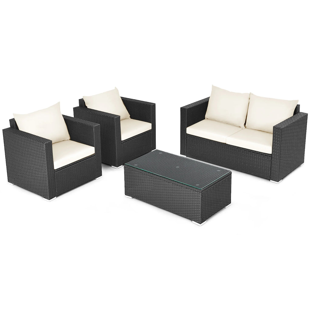 4PCS Patio Rattan Furniture Set Cushioned Sofa Chair Coffee Table off White