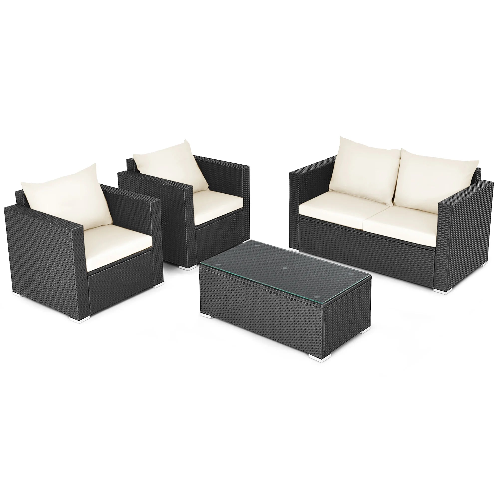 4PCS Patio Rattan Furniture Set Cushioned Sofa Chair Coffee Table off White