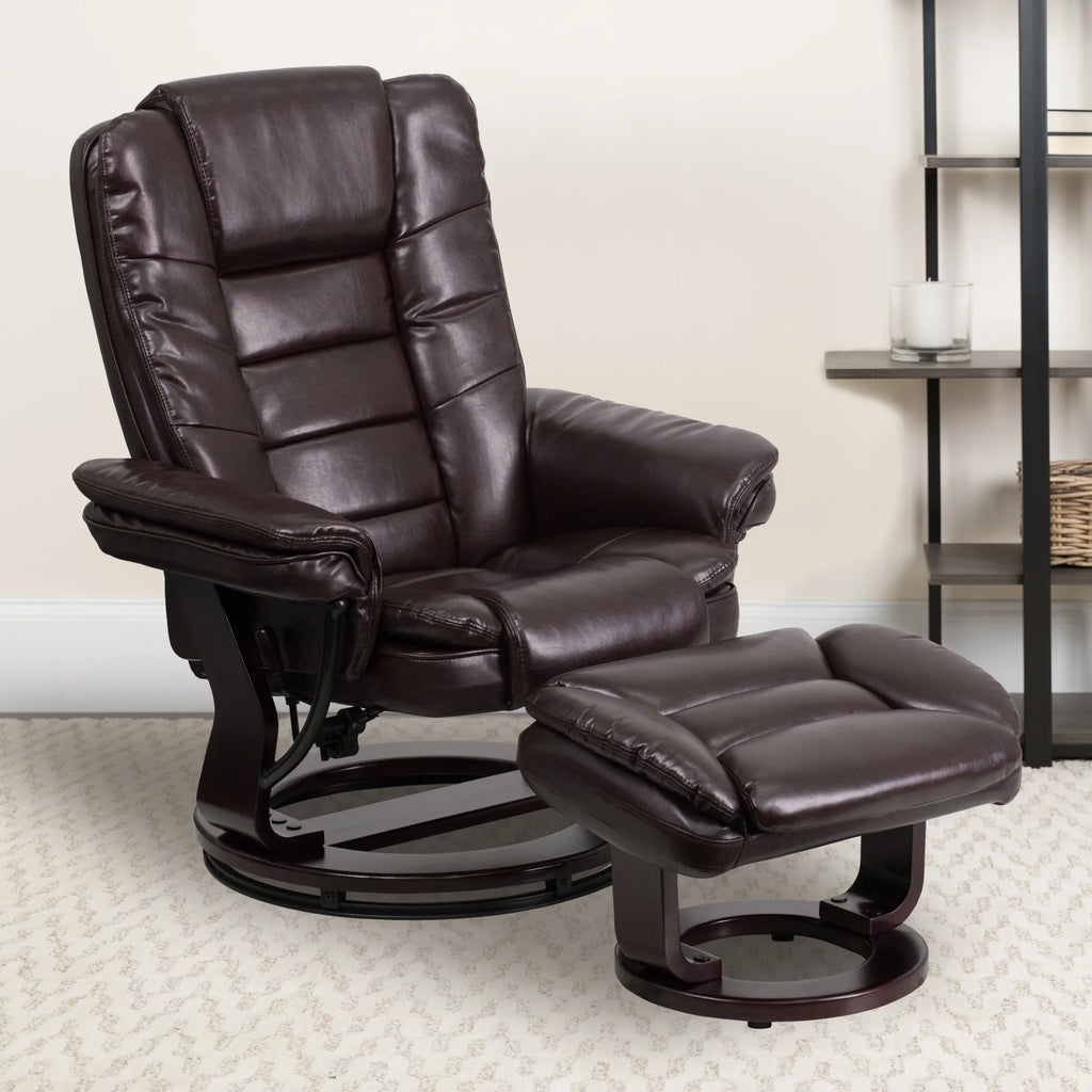 Bali Leathersoft Upholstered Recliner with Ottoman, Arms, and Headrest, Brown
