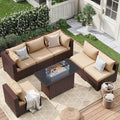 7 Pieces Patio Furniture Set All Weather Outdoor Sectional Sofa, Outdoor Modern Sectional Furniture Wicker Couch with Fire Pit Table, Thicken Beige Cushions, Water Resistant