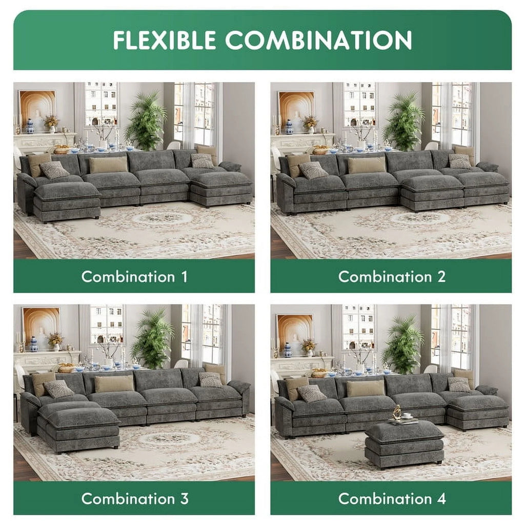 4 Seats U-Shaped Sectional Sofa with 2 Movable Ottomans for Living Room, Fabric Convertible Modular Couch, Gray