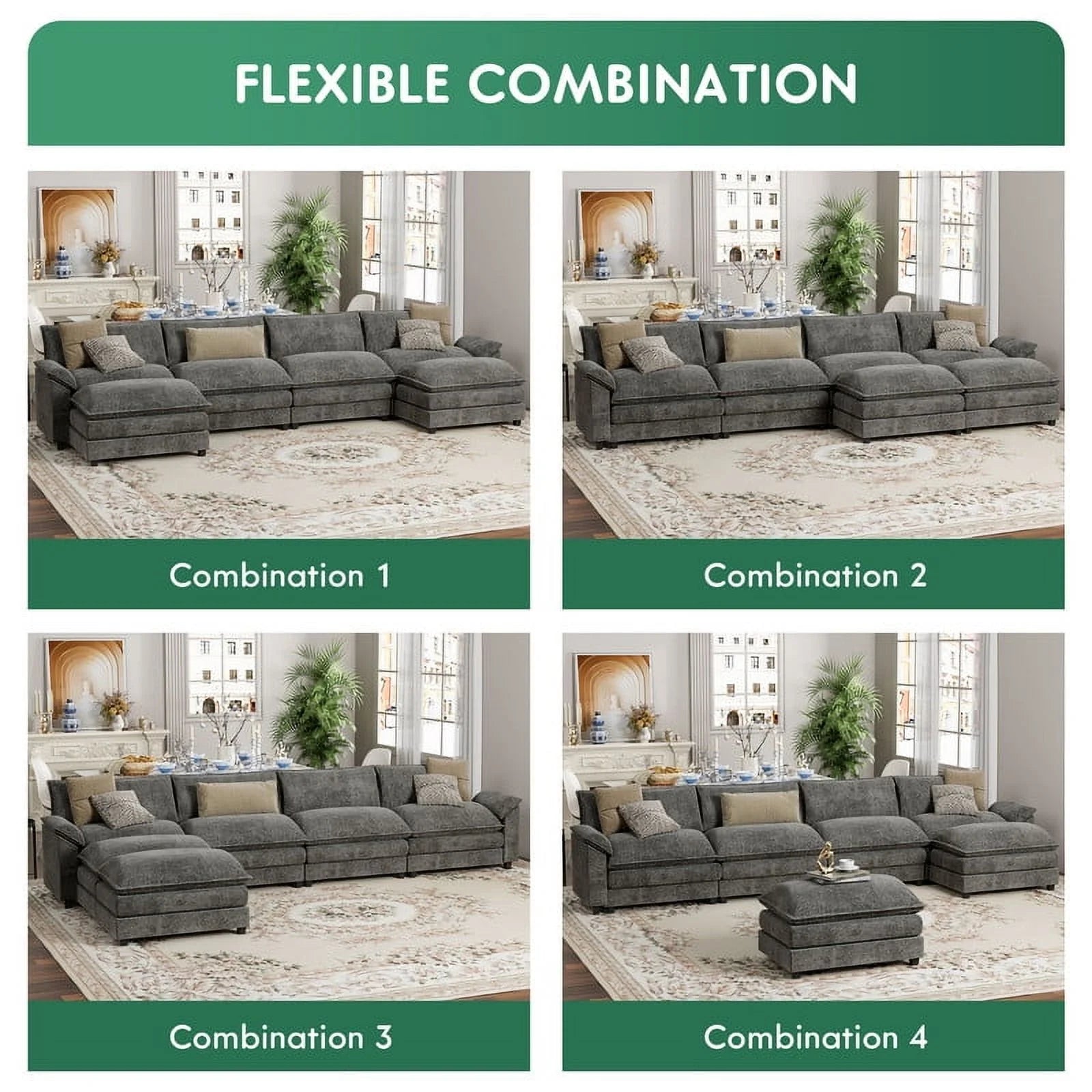 4 Seats U-Shaped Sectional Sofa with 2 Movable Ottomans for Living Room, Fabric Convertible Modular Couch, Gray