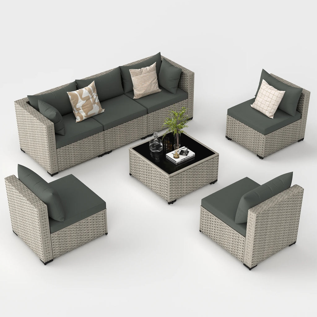 7 Pieces Patio Conversation Set, Outdoor Sectional PE Rattan Wicker Furniture Seat,Dark Gray
