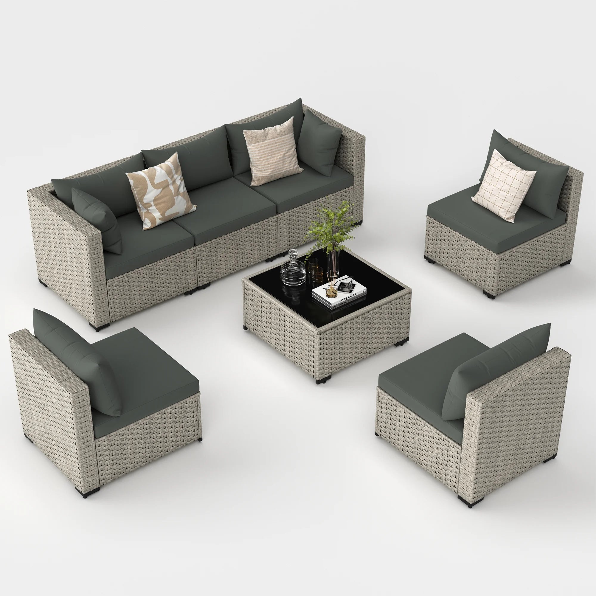 7 Pieces Patio Conversation Set, Outdoor Sectional PE Rattan Wicker Furniture Seat,Dark Gray