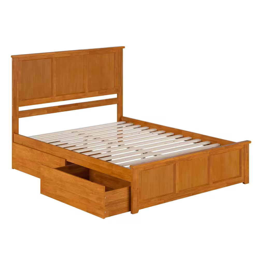 Madison Light Toffee Natural Bronze Solid Wood Frame Queen Platform Bed with Matching Footboard and Storage Drawers