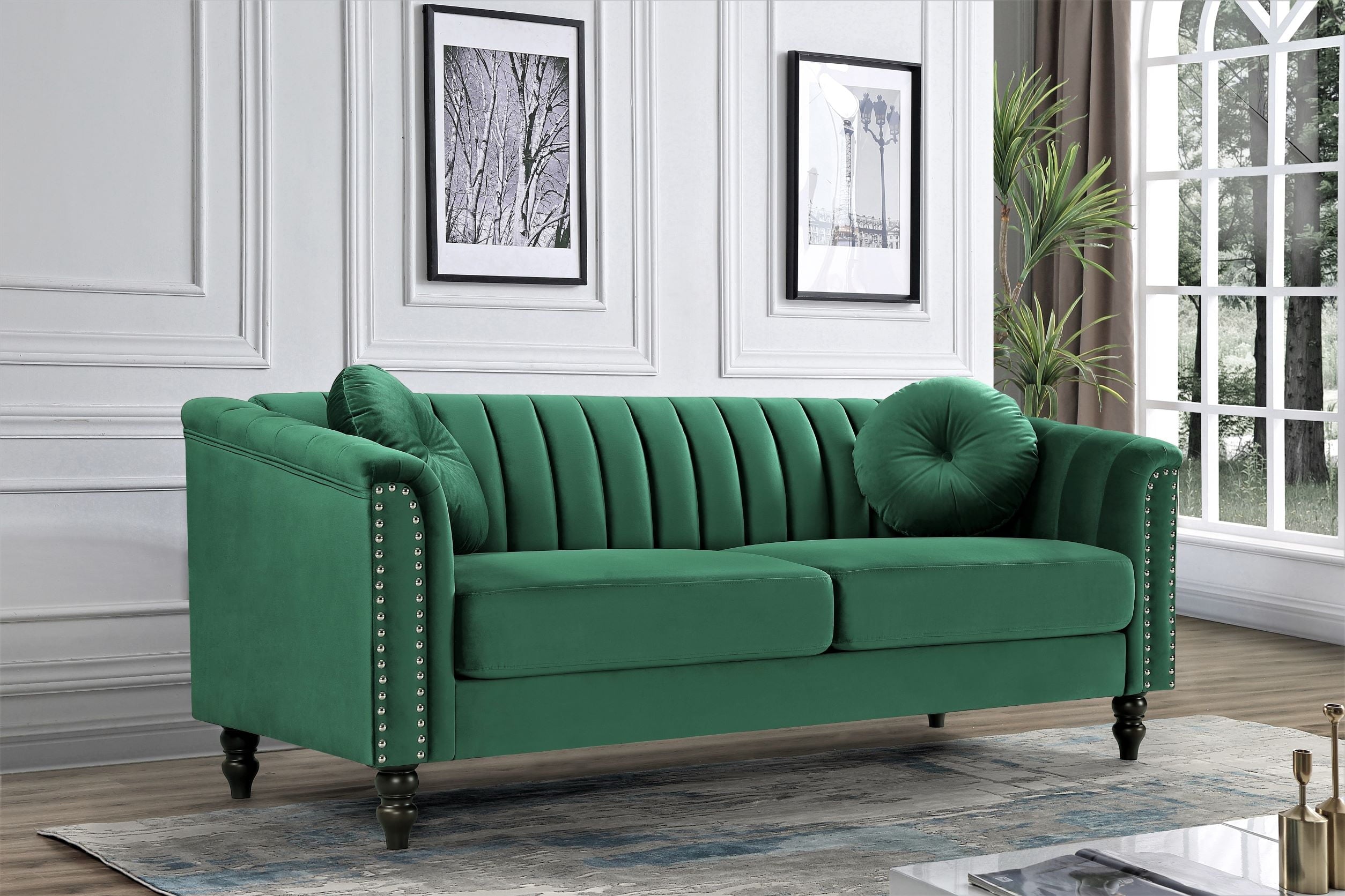 Hills Tufted Back Nailhead 75.2" Sofa-Green