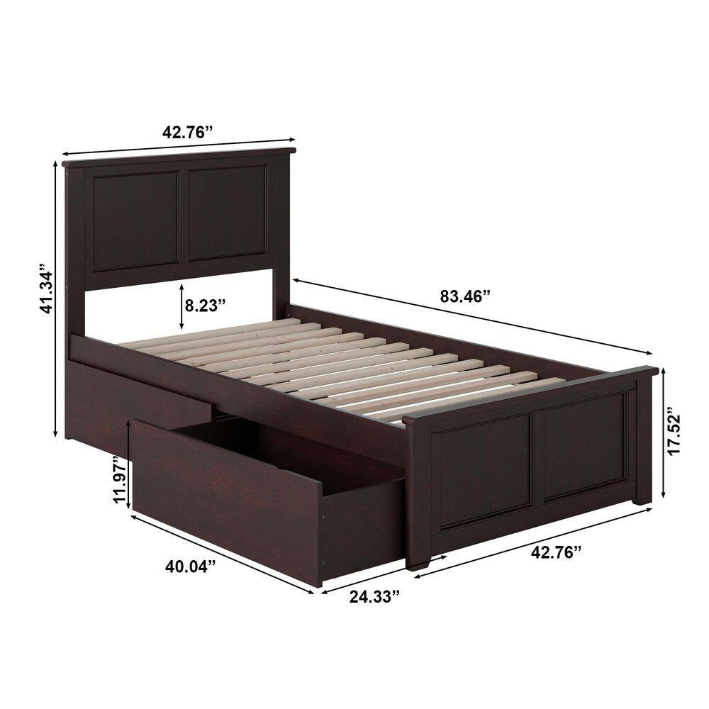 Madison Espresso Twin XL Platform Bed with Matching Foot Board and 2 Urban Bed Drawers
