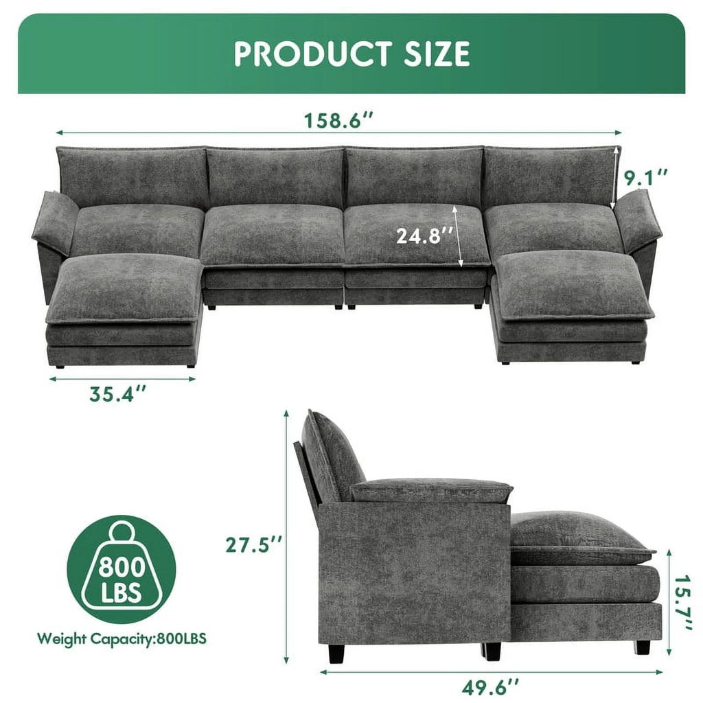 4 Seats U-Shaped Sectional Sofa with 2 Movable Ottomans for Living Room, Fabric Convertible Modular Couch, Gray