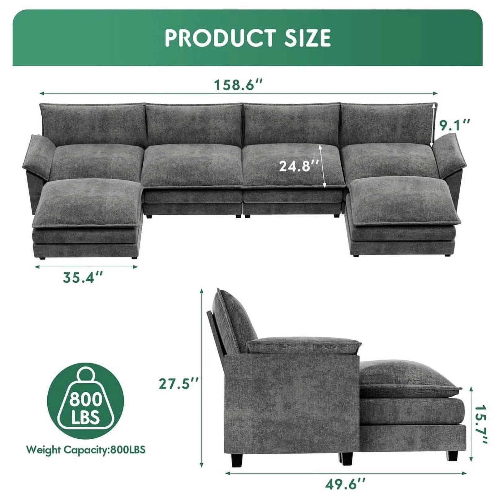 4 Seats U-Shaped Sectional Sofa with 2 Movable Ottomans for Living Room, Fabric Convertible Modular Couch, Gray