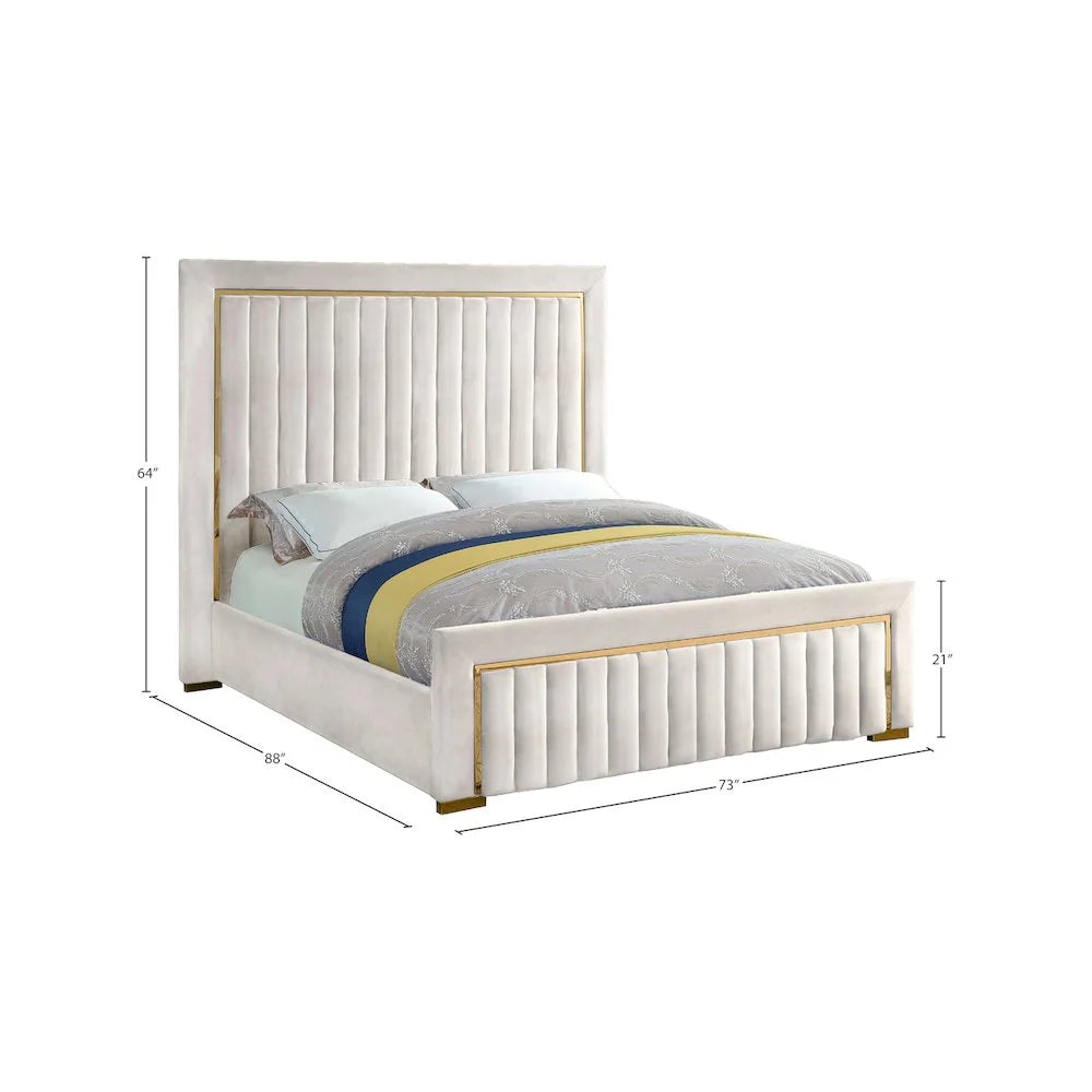 Dolce Solid Wood and Velvet Queen Bed in Cream