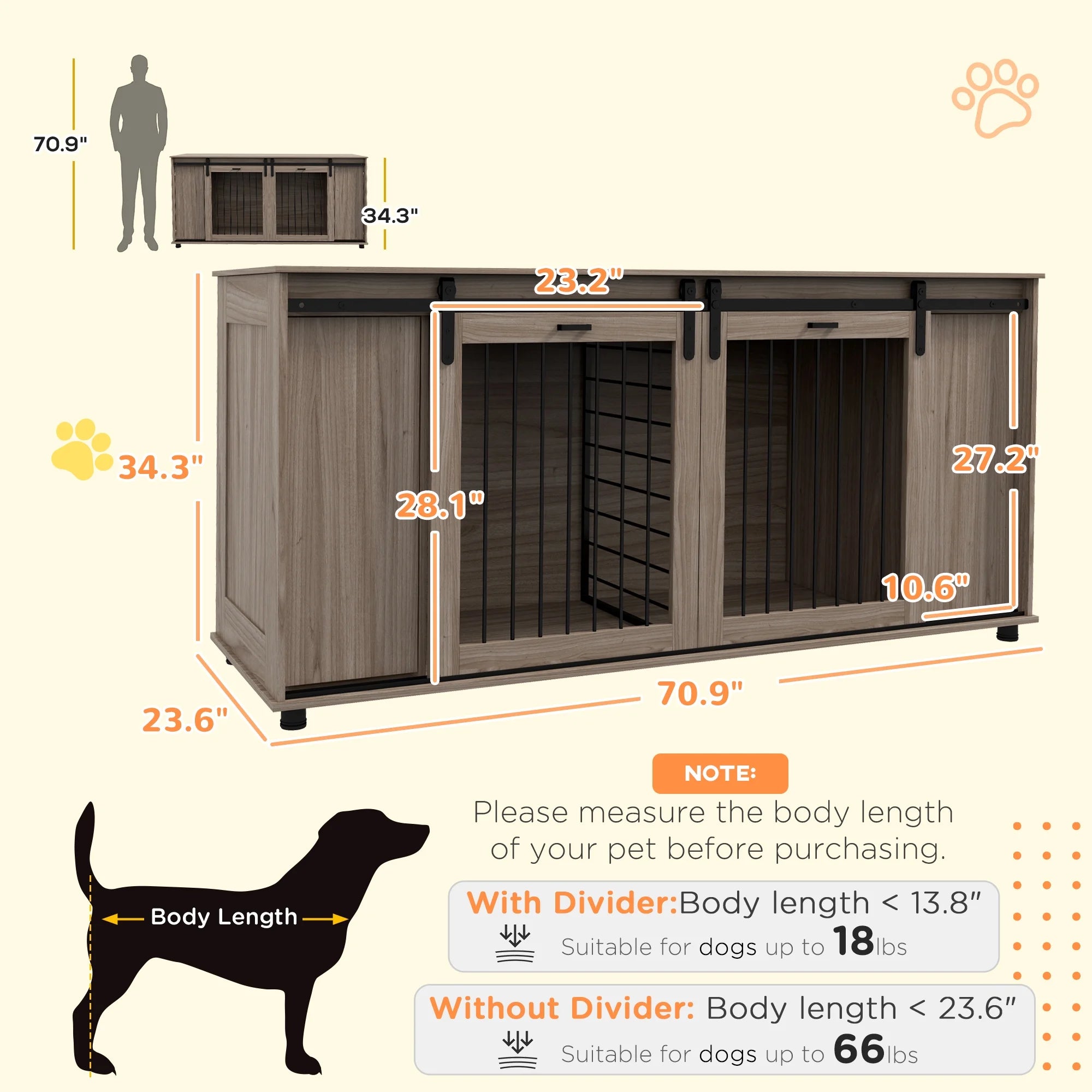 71" Dog Crate Furniture with Removable Divider for 2 Small Dogs or 1 Large Dog, Dog Kennel Furniture with Storage, Double Doors