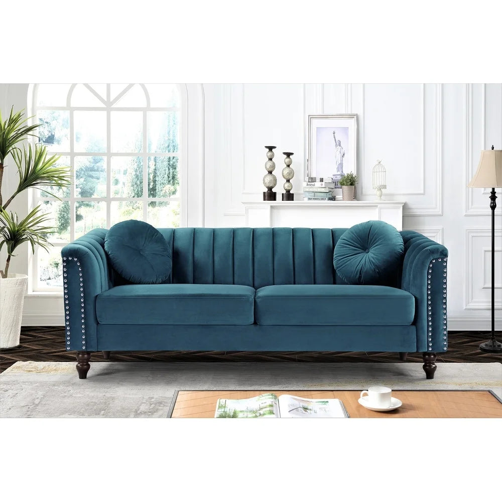 Hills Tufted Back Nailhead 75.2" Sofa-Blue Green