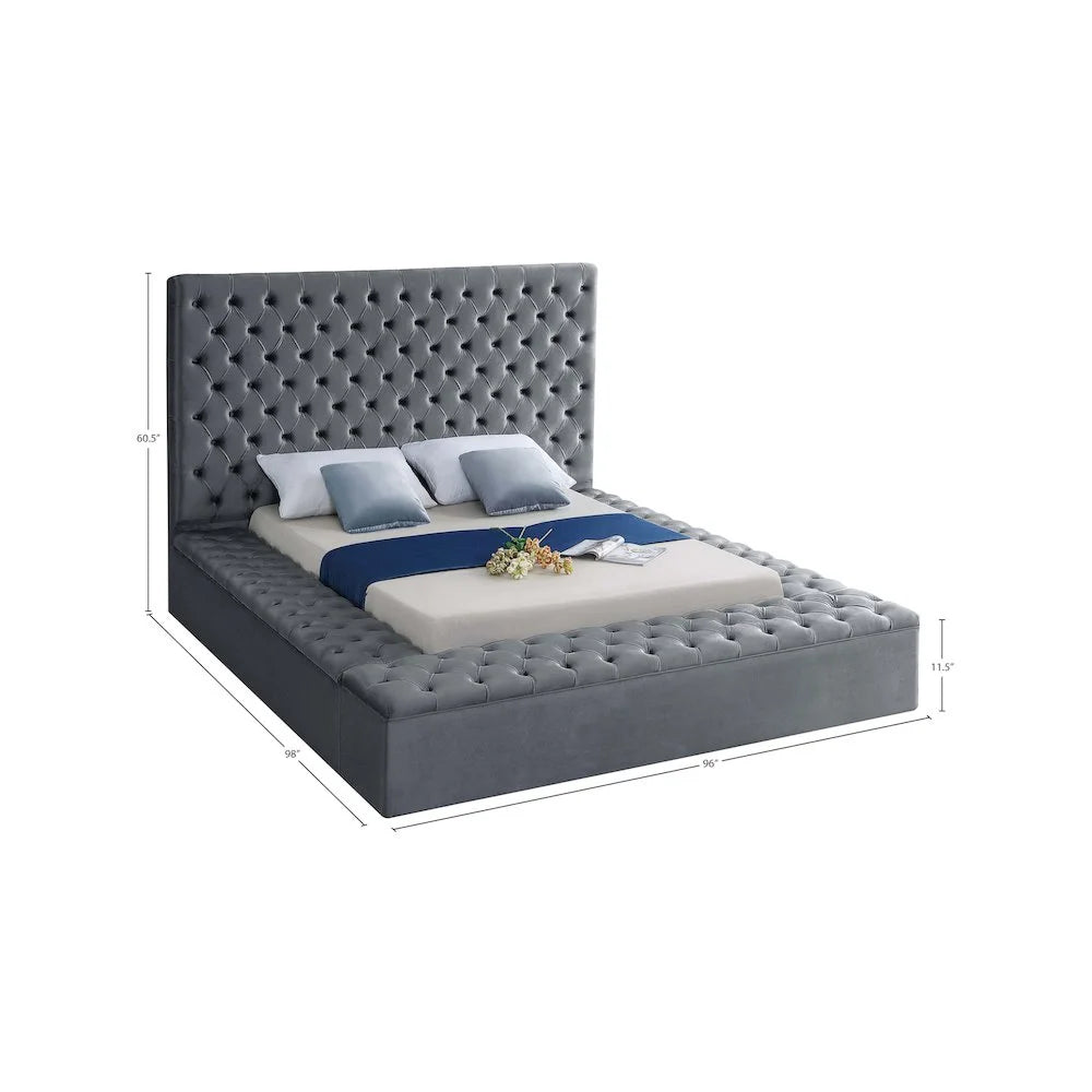 Bliss Solid Wood Tufted Velvet King Bed in Gray