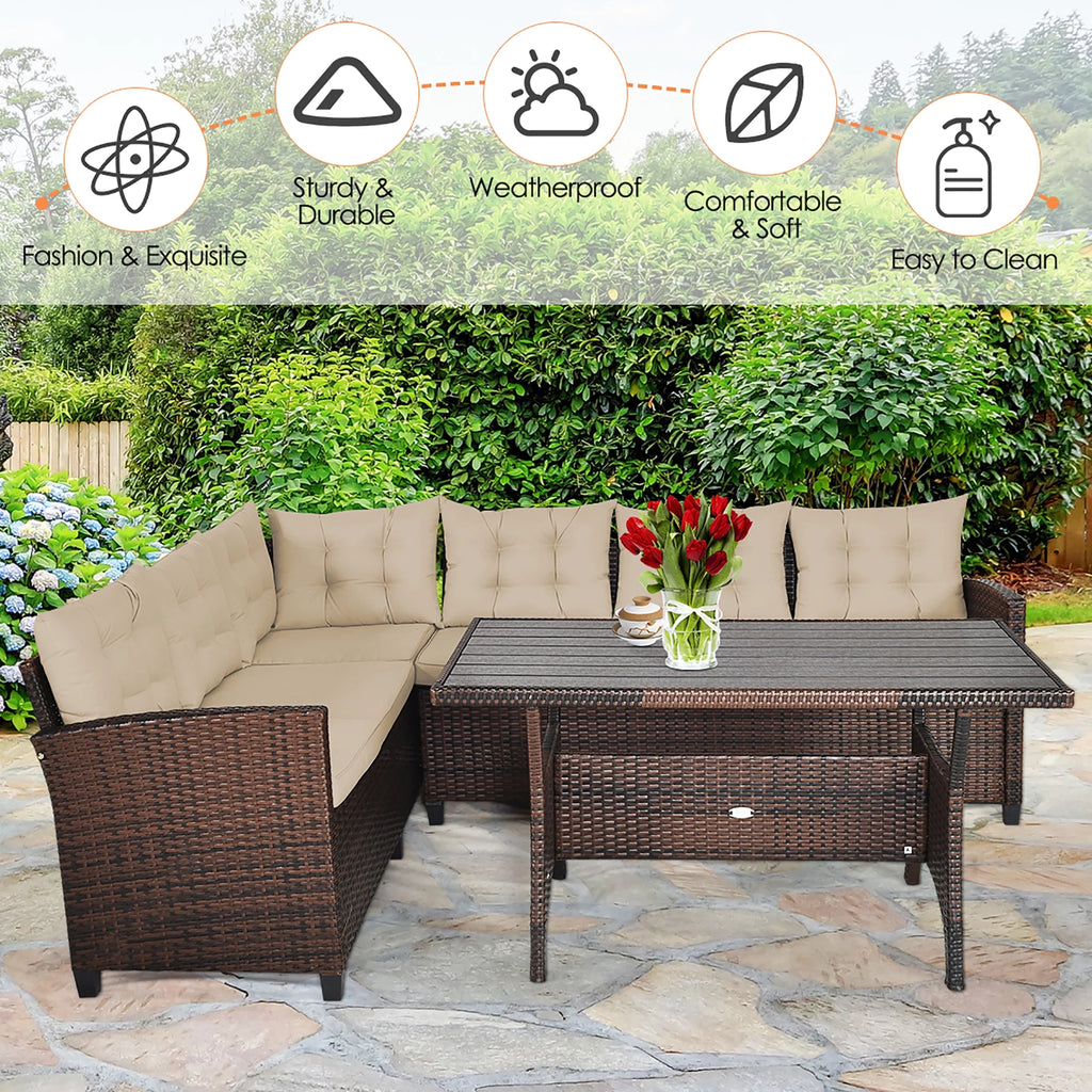 3PCS Rattan Dining Set Patio Furniture 6 Seats Sofa Cushioned