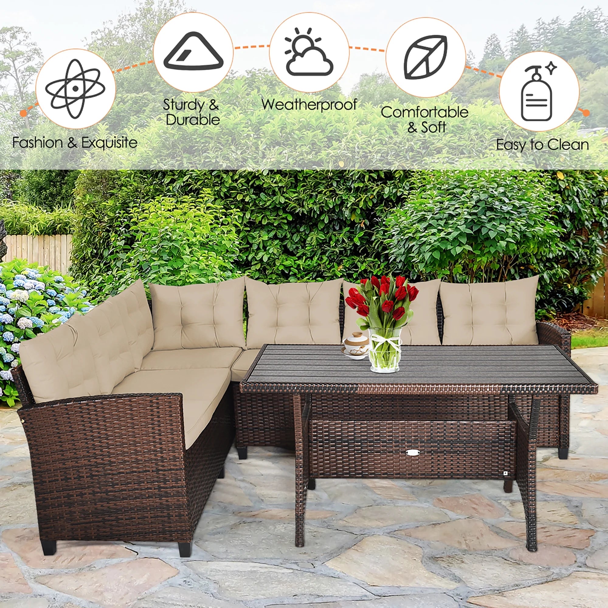 3PCS Rattan Dining Set Patio Furniture 6 Seats Sofa Cushioned