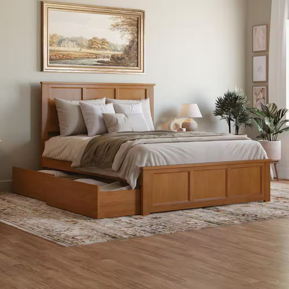 Madison Light Toffee Natural Bronze Solid Wood Frame Queen Platform Bed with Matching Footboard and Storage Drawers