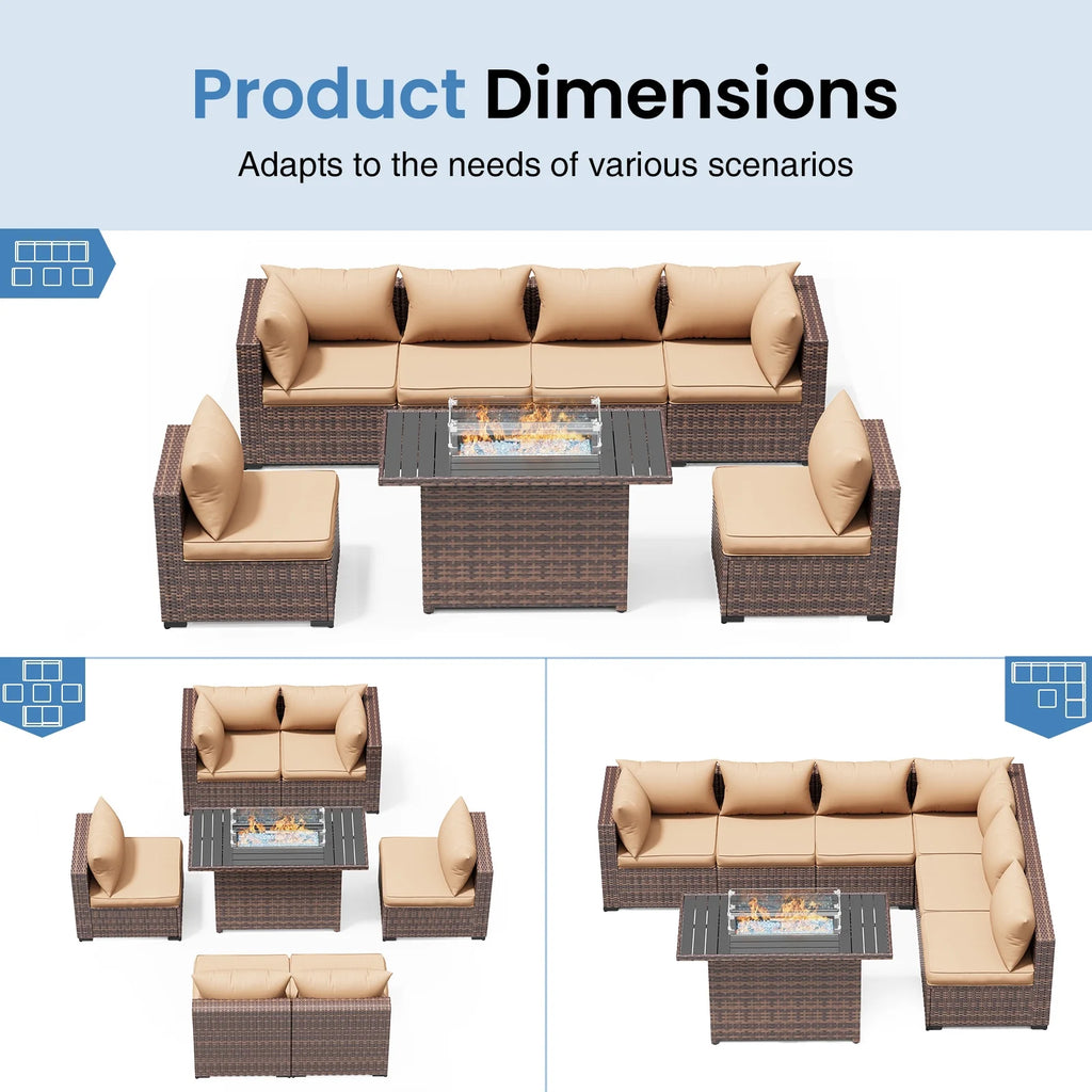 7 Pieces Patio Furniture Set All Weather Outdoor Sectional Sofa, Outdoor Modern Sectional Furniture Wicker Couch with Fire Pit Table, Thicken Beige Cushions, Water Resistant