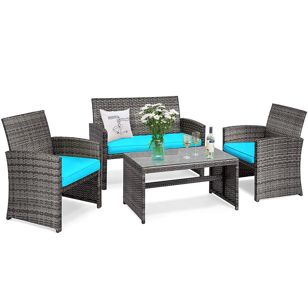 4PCS Patio Rattan Furniture Set Conversation Glass Table Top Cushioned