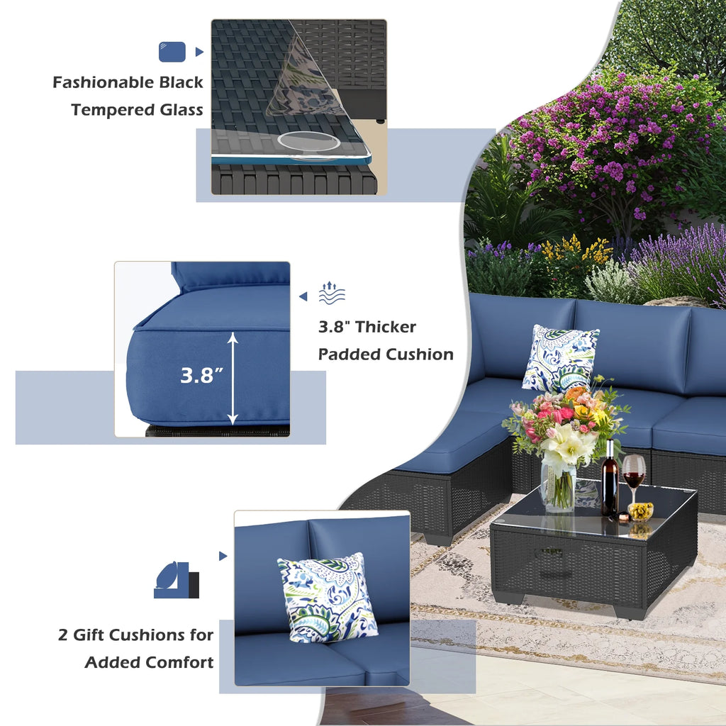 7-Piece Outdoor Sectional Sofa Patio Conversation Set, Black PE Rattan Wicker Furniture, Steel Frame in Peacock Blue Blue