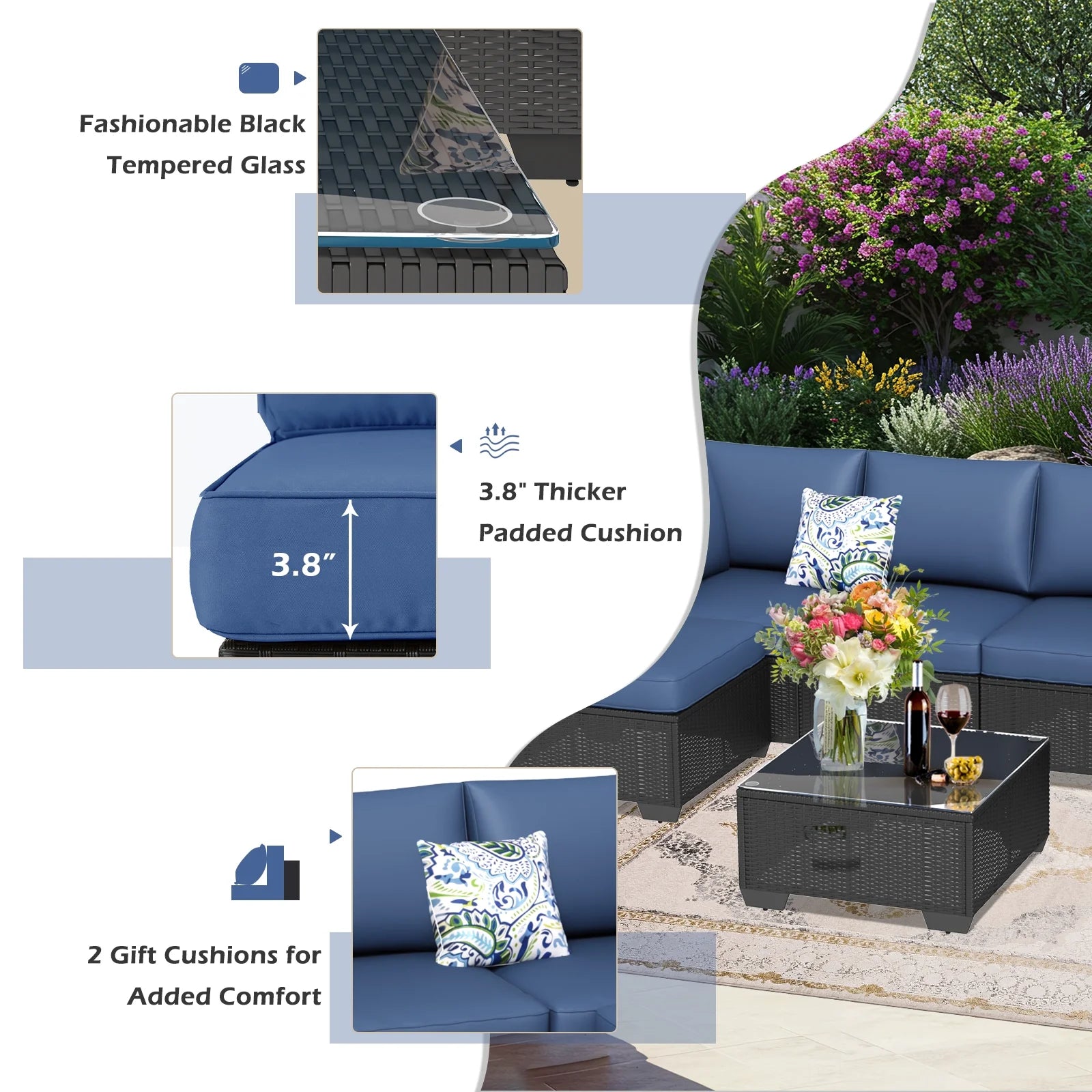 7-Piece Outdoor Sectional Sofa Patio Conversation Set, Black PE Rattan Wicker Furniture, Steel Frame in Peacock Blue Blue