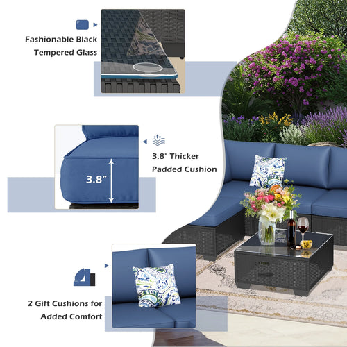 7-Piece Outdoor Sectional Sofa Patio Conversation Set, Black PE Rattan Wicker Furniture, Steel Frame in Peacock Blue Blue