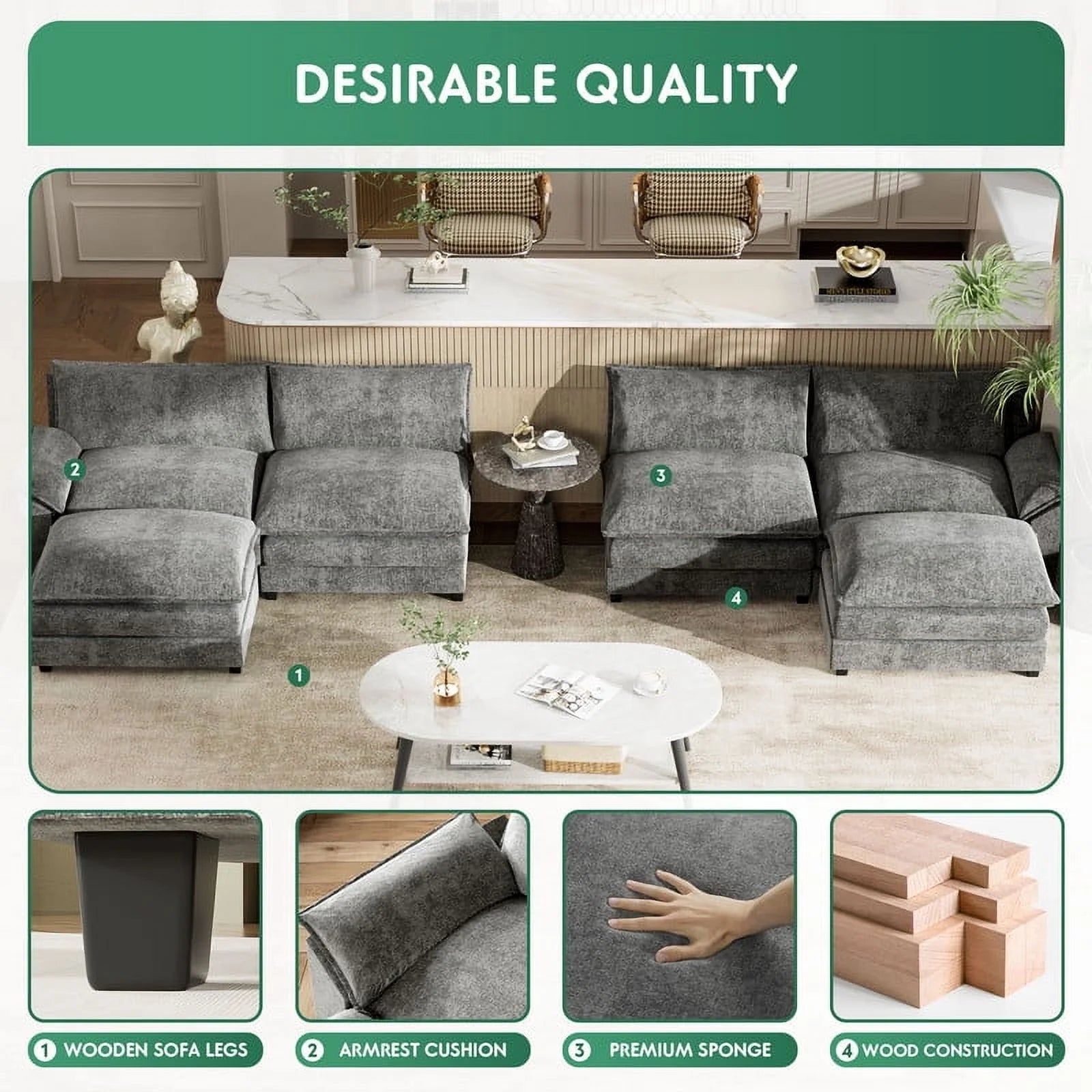 4 Seats U-Shaped Sectional Sofa with 2 Movable Ottomans for Living Room, Fabric Convertible Modular Couch, Gray
