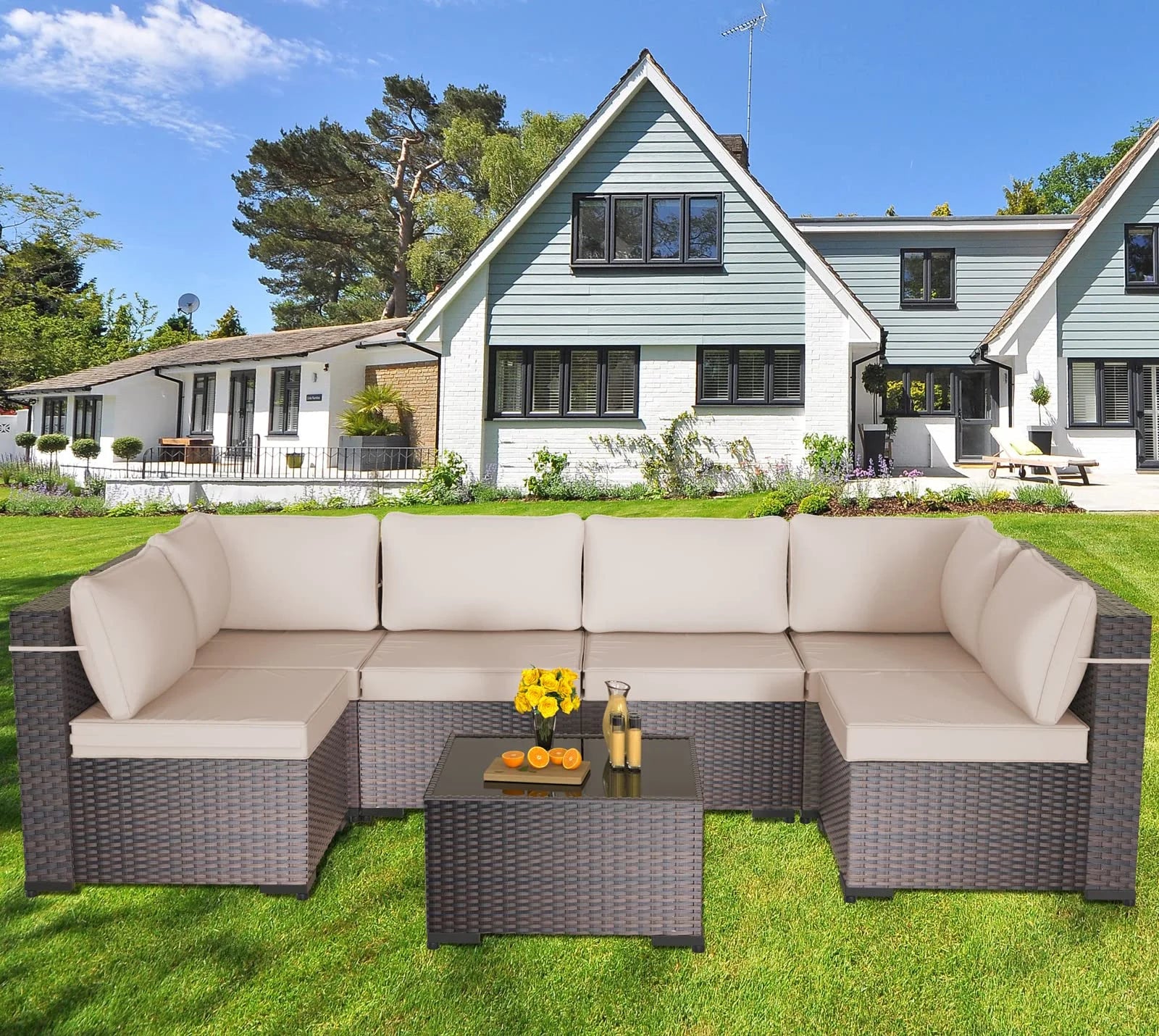 7 Piece Outdoor Patio Furniture Set PE Rattan Wicker Patio Sectional Sofa Conversation Set(Sand)