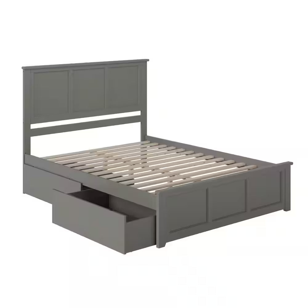 Madison Gray Solid Wood Frame King Size Storage Platform Bed with Matching Footboard with 2 Bed Drawers