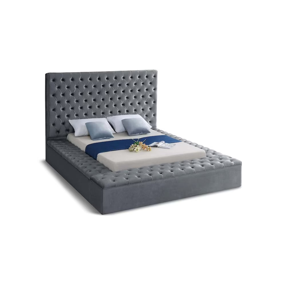 Bliss Solid Wood Tufted Velvet King Bed in Gray