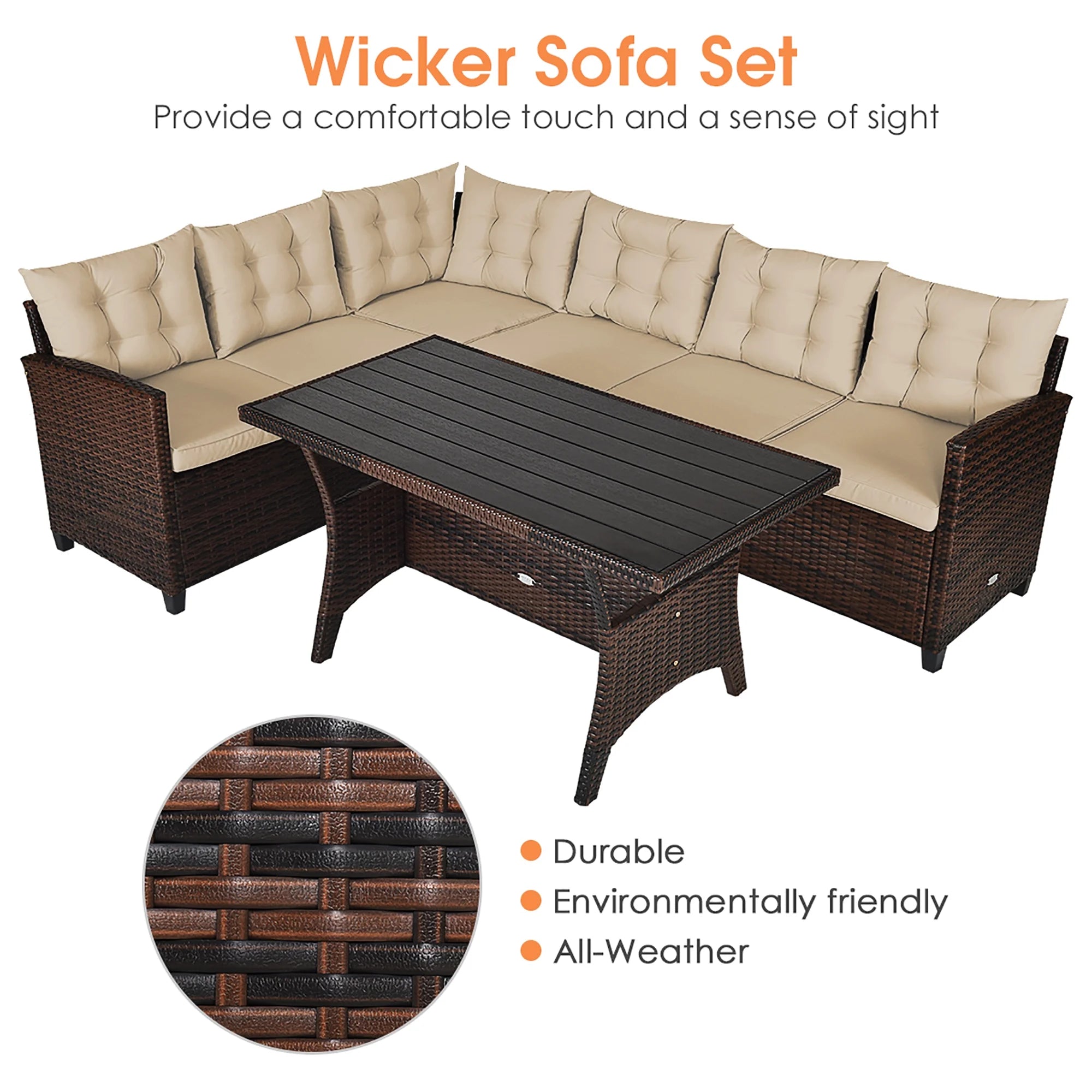 3PCS Rattan Dining Set Patio Furniture 6 Seats Sofa Cushioned